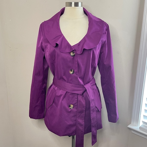 SANDRO STUDIO Purple Ruffled Lightweight All-Weather Jacket with Tie Belt, Large - Picture 1 of 10